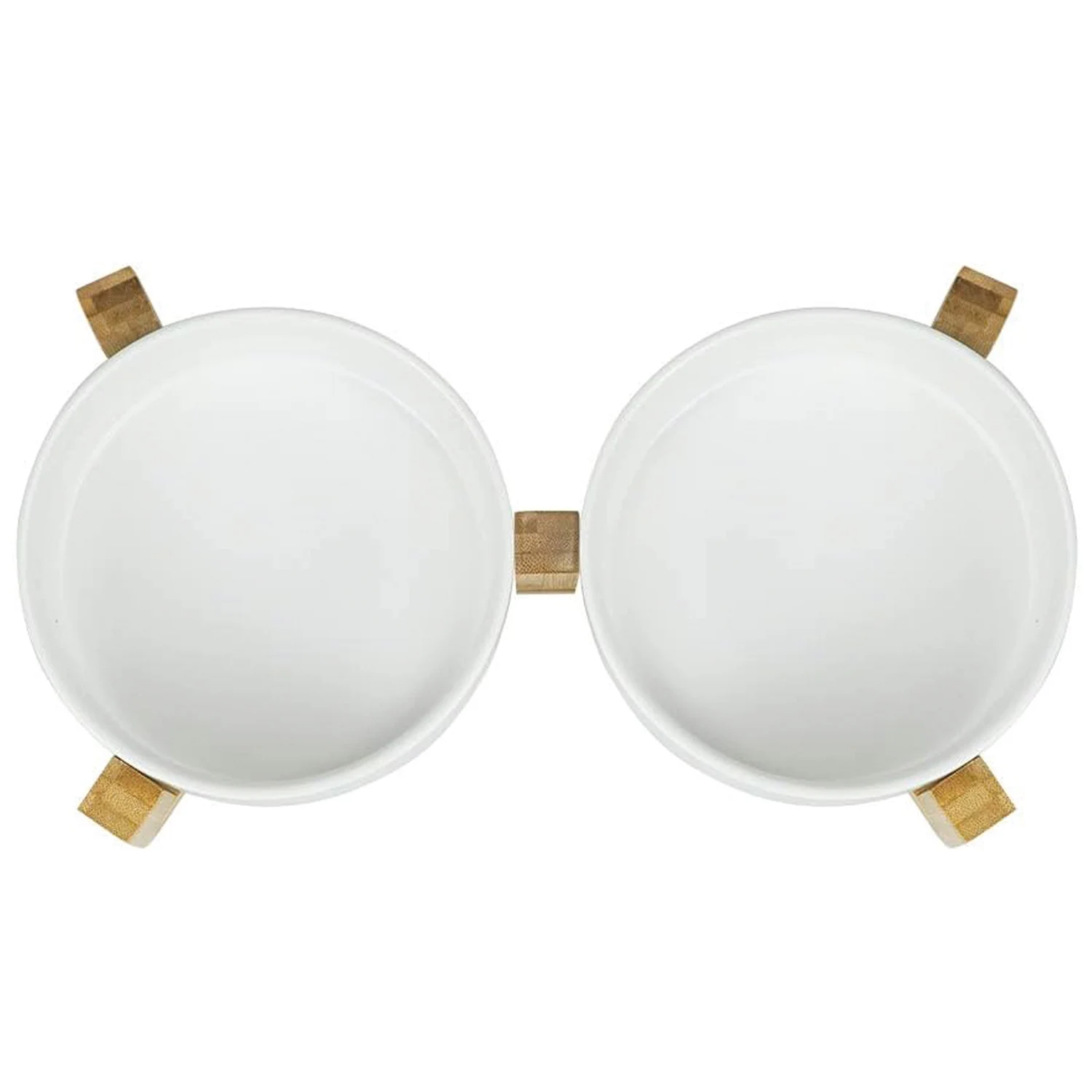 Podwójna miska ceramiczna na drewnianej podstawce